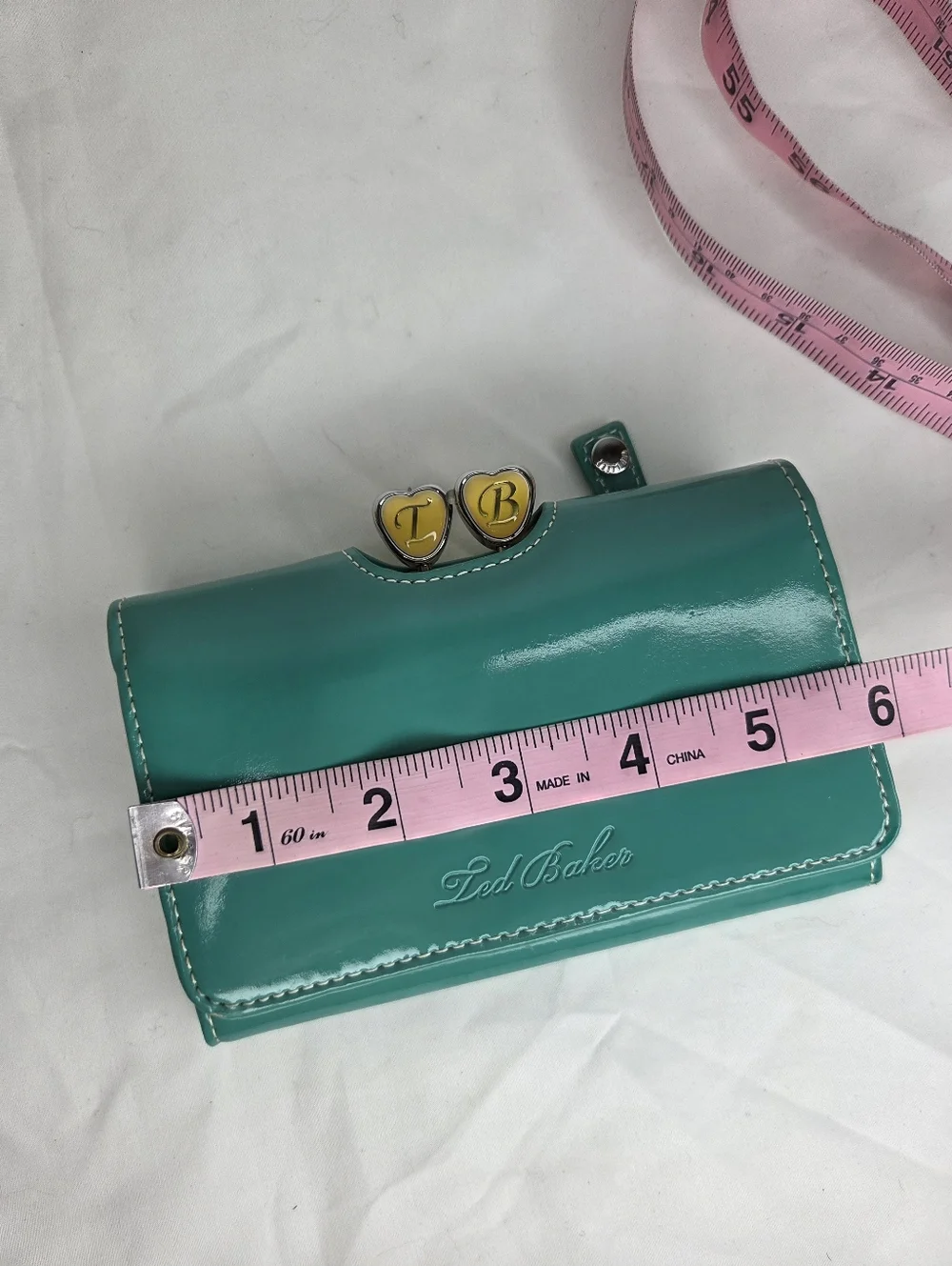 Ted Baker Turquoise Patent Leather Zip Wallet withSilver Accents/Floral Interior - Picture 13 of 14
